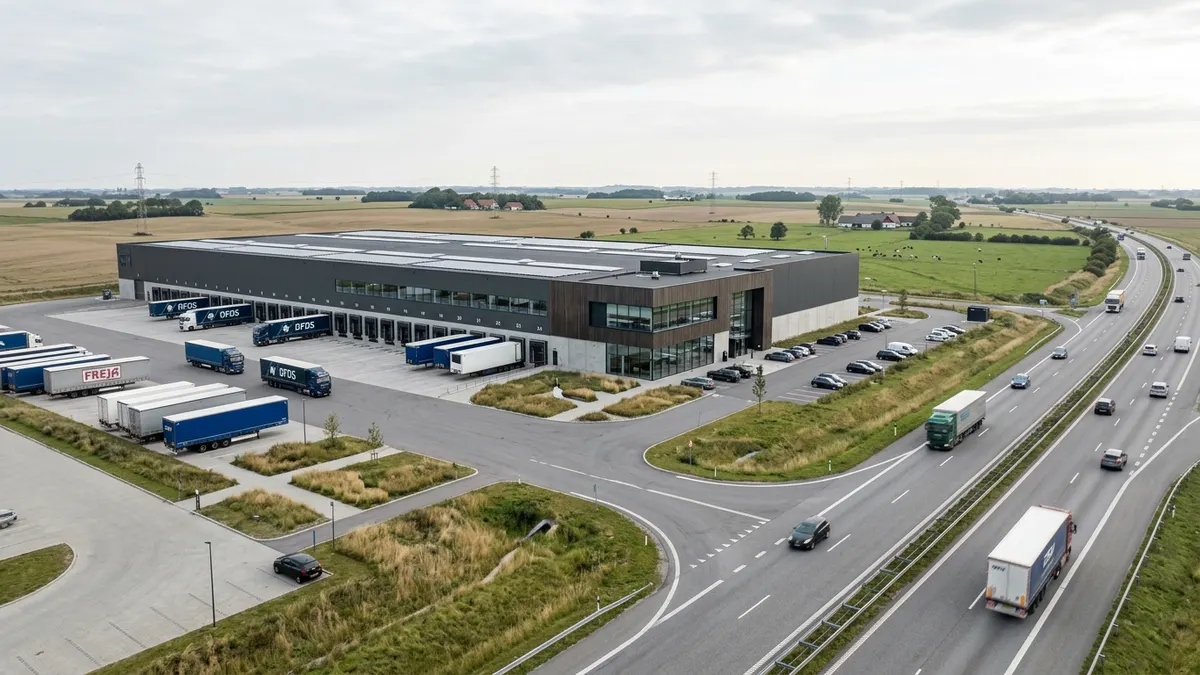 Moderne logistikcenter ved motorvejsknudepunkt i Danmark under en klar himmel