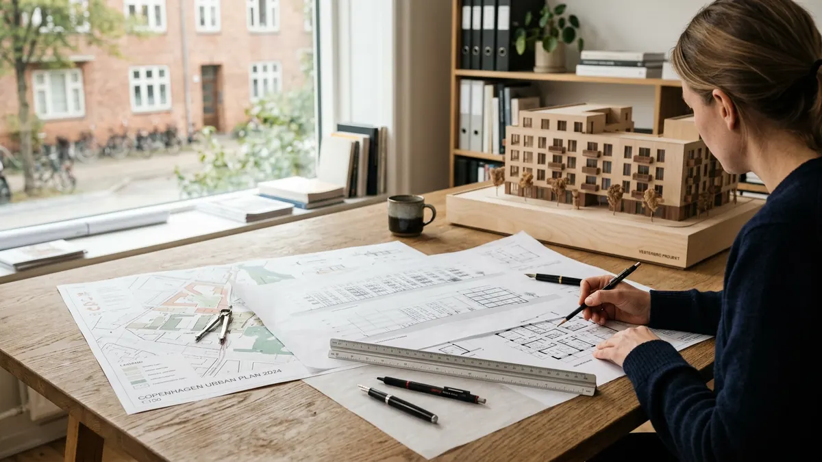 Arkitekttegninger og lokalplansdokumenter udbredt på et bord med en model af en moderne dansk boligejendom i baggrunden.