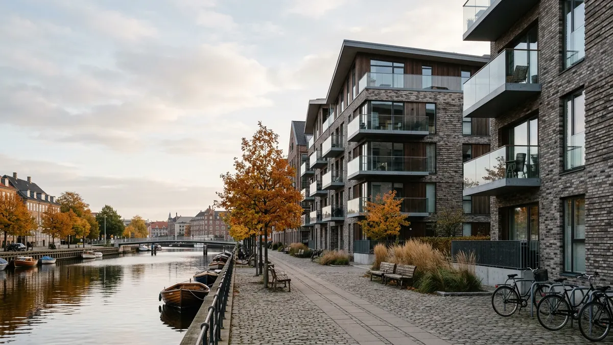 Moderne kontorbygning i København med glasfacade under en klar efterårshimmel, repræsenterende en stabil dansk ejendomsinvestering.