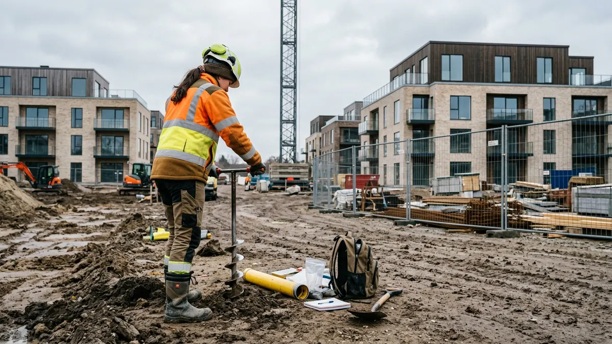 En miljørådgiver tager jordprøver på en byggegrund i Danmark til en miljøundersøgelse af ejendom.