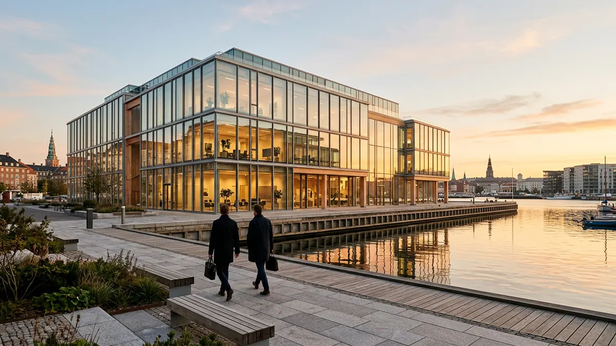 Moderne kontorbygning i København med glasfacade, der repræsenterer dansk erhvervsejendom.