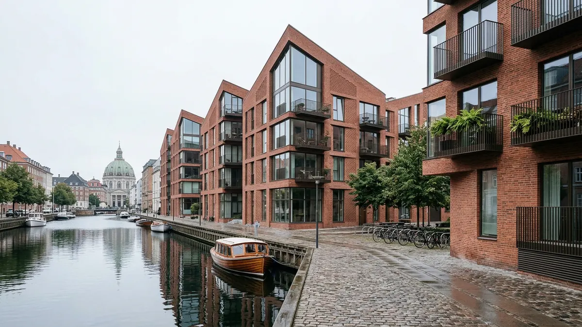 Moderne kontorbygning i København fotograferet i blødt dagslys, repræsenterende en diskret investeringsejendom.