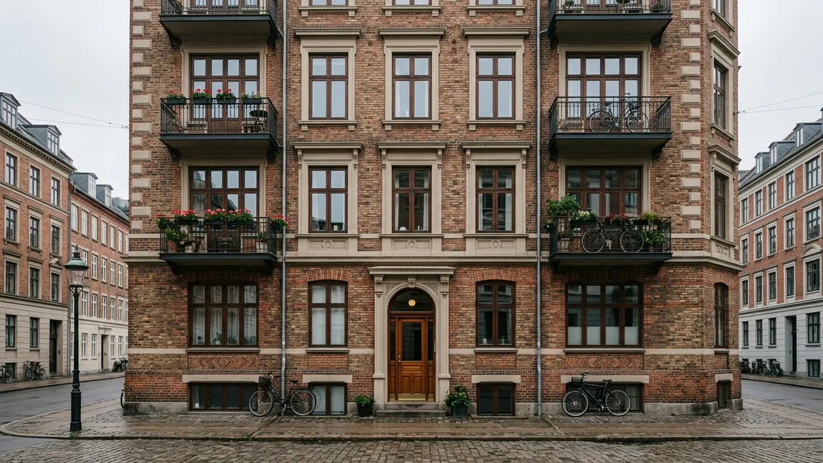 Klassisk dansk udlejningsejendom i København med fokus på arkitektoniske detaljer og vedligeholdelse.