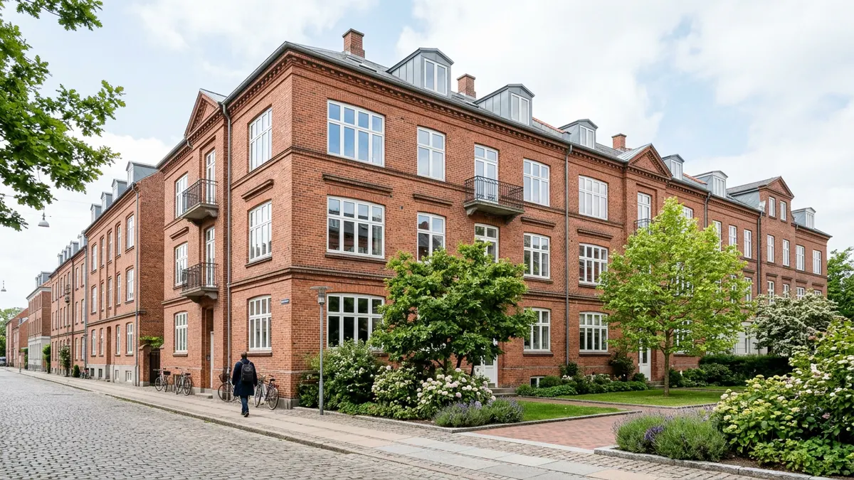 En klassisk dansk murstensejendom i København med stillads i forbindelse med renovering og klargøring til opdeling.