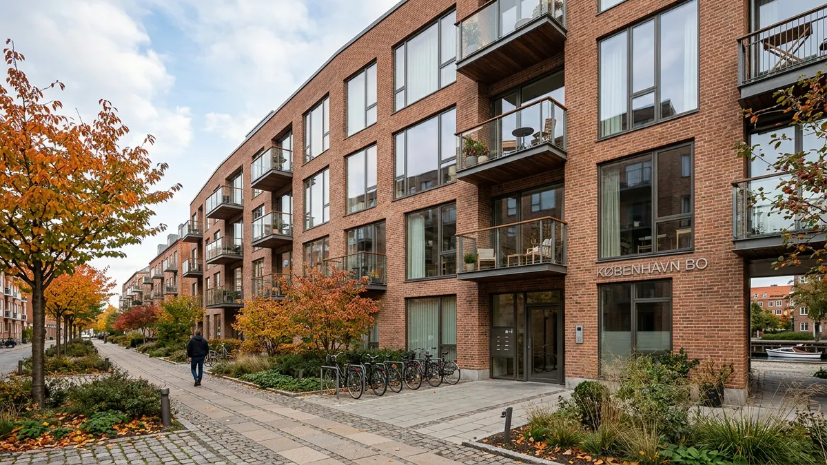 Moderne dansk ejendomskompleks i København set fra gadeplan med fokus på ordnede forhold.