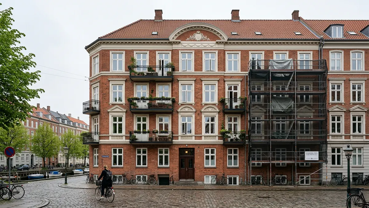 En klassisk københavnsk ejendom under nænsom renovering med fokus på bevaring af arkitektoniske detaljer.