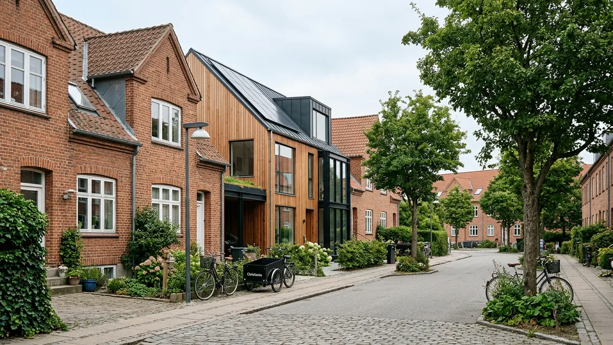 Luftfoto af moderne og klassiske etageejendomme i København i blødt dagslys