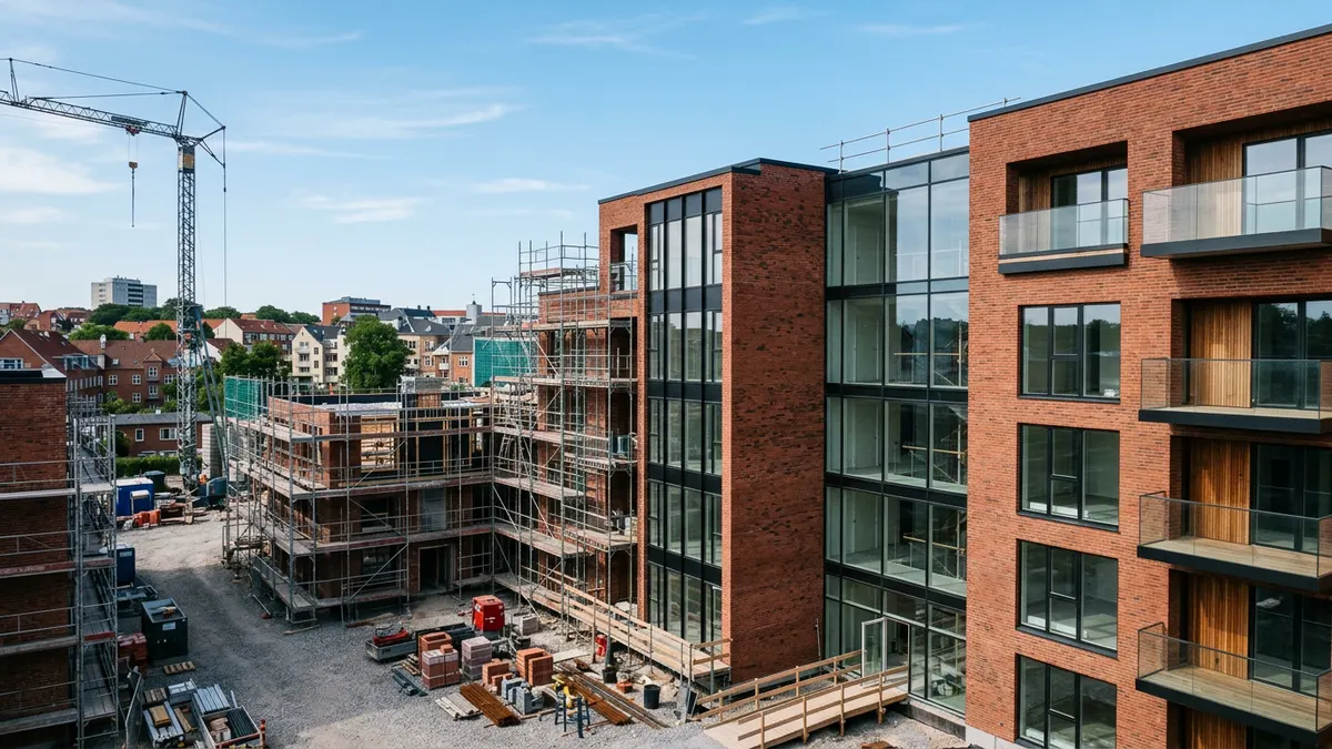 Moderne ejendomsudvikling i Københavns Sydhavn med kraner og arkitektoniske detaljer i dagslys.