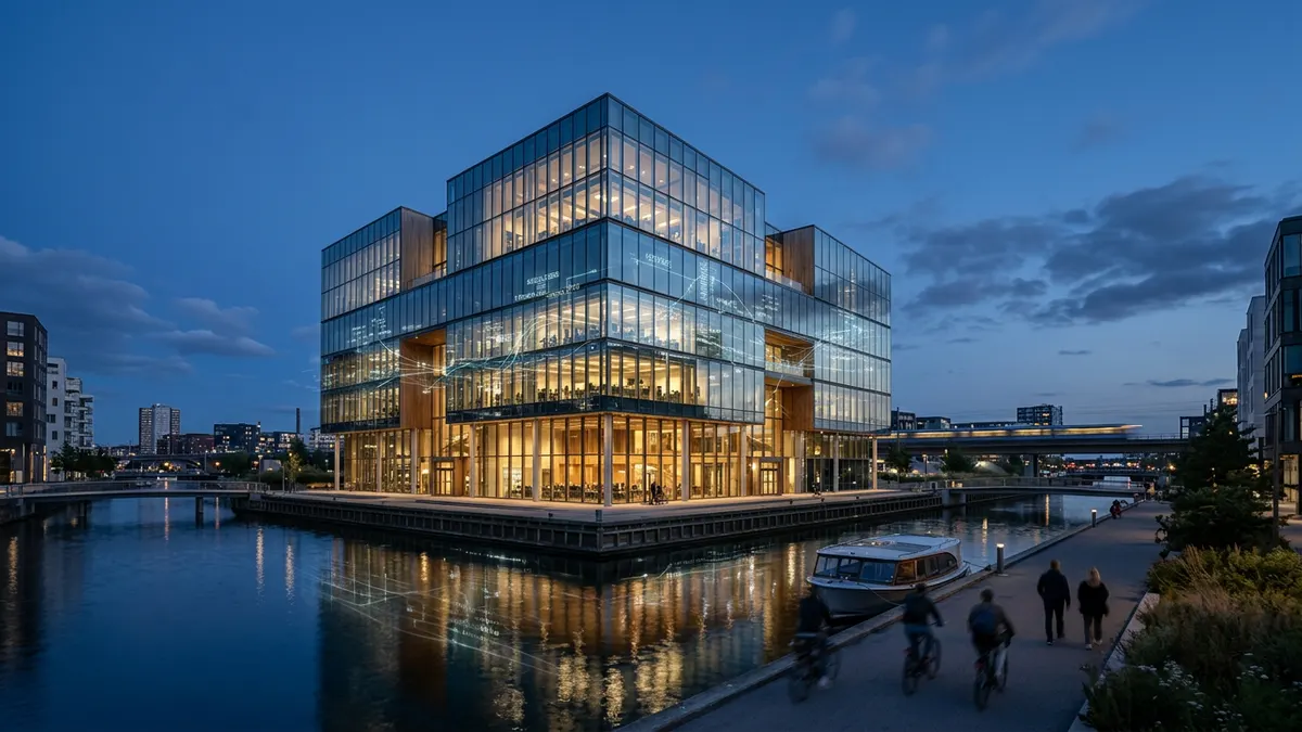 Moderne kontorbygning i København med digitale overlays der symboliserer data og netværk.