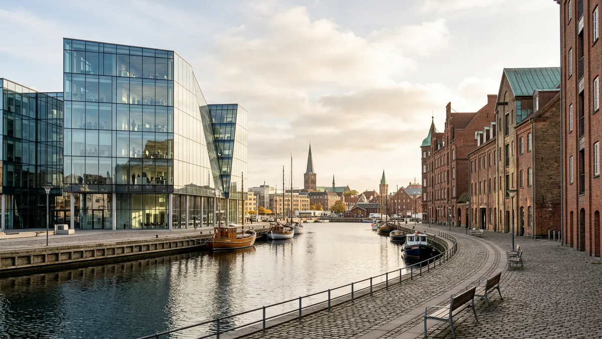 Modern office building in Copenhagen representing Danish commercial real estate investment and realkreditlån financing.