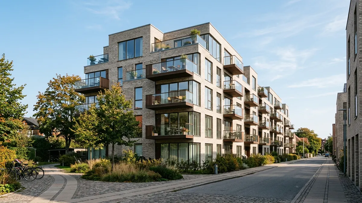 Moderne kontorejendom i København i efterårssolen, der symboliserer stabil ejendomsværdi.
