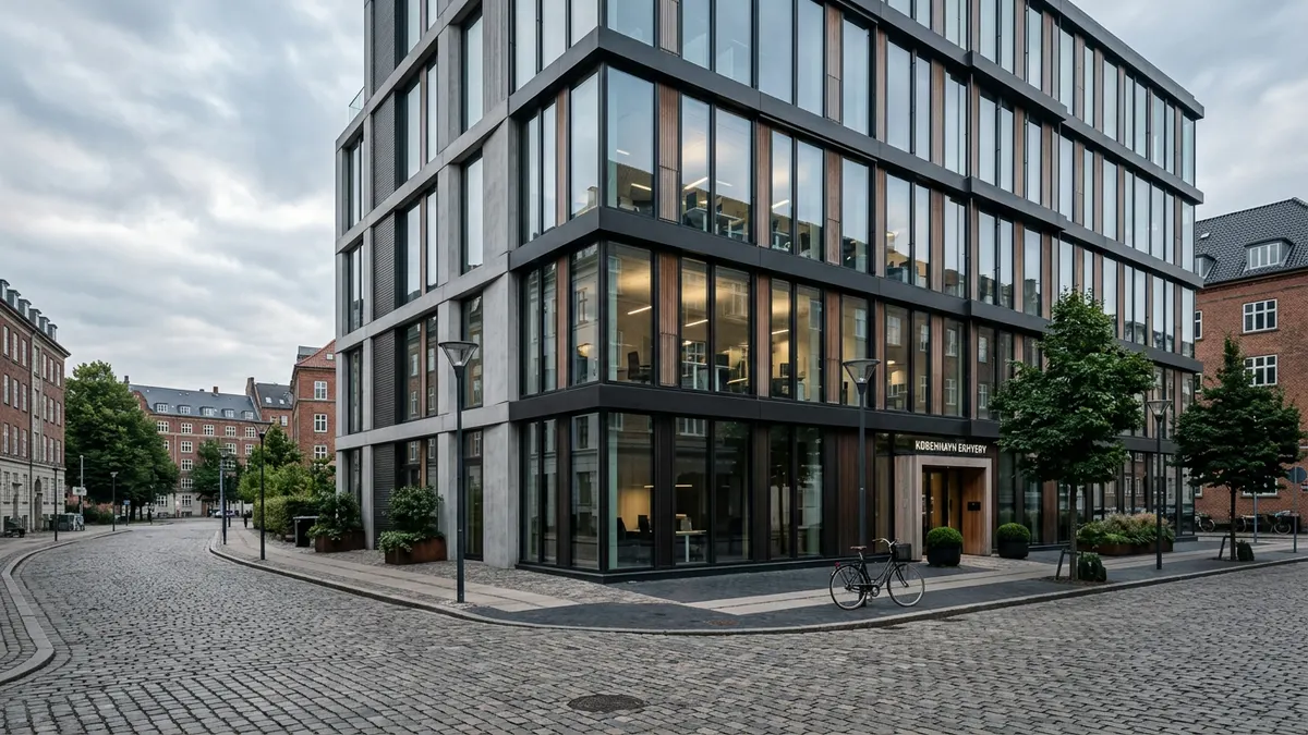 Moderne erhvervsejendom i København med glasfacade og skandinavisk arkitektur under en klar himmel.