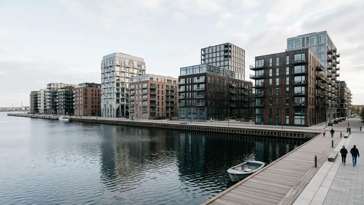Moderne kontorbygning i Københavns Nordhavn spejlet i vandet under en klar himmel.