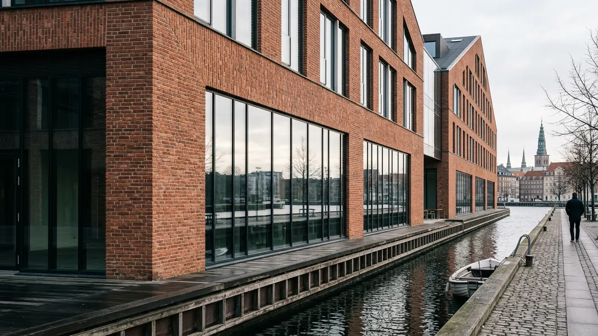 Moderne kontorbygning i København afspejlet i vandet, symboliserende stabil ejendomsfinansiering.