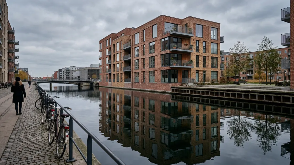 En moderne beboelsesejendom i Københavns Sydhavn spejler sig i vandet under en overskyet himmel.