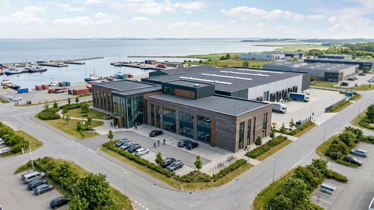 En moderne dansk erhvervsejendom i et industrikvarter i udkanten af København under en klar blå himmel.