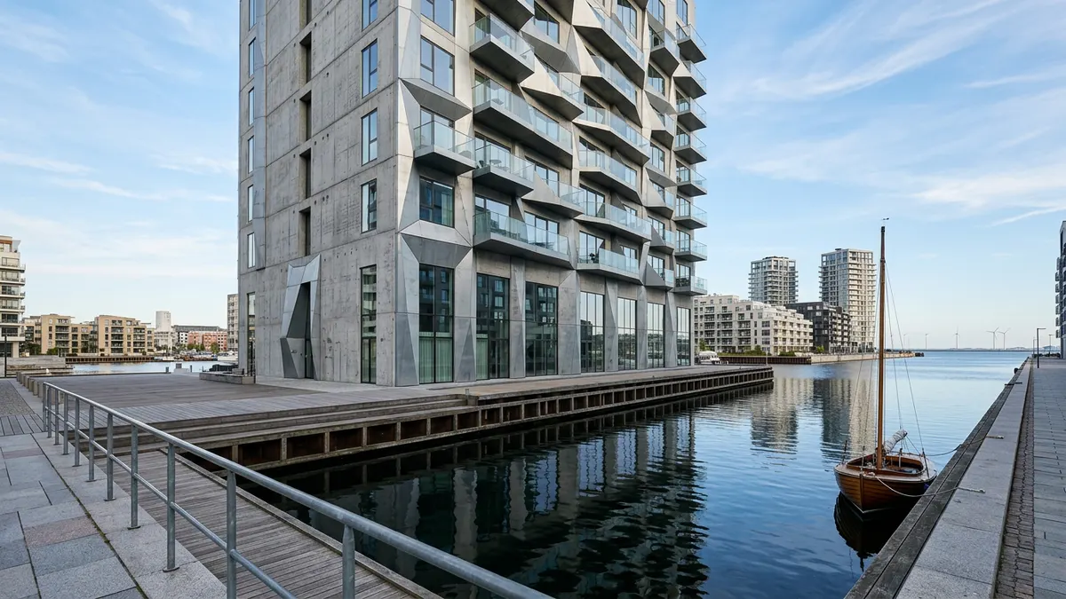 Moderne kontorejendom i Københavns Nordhavn set i eftermiddagssolen med fokus på arkitektoniske detaljer og dansk design.