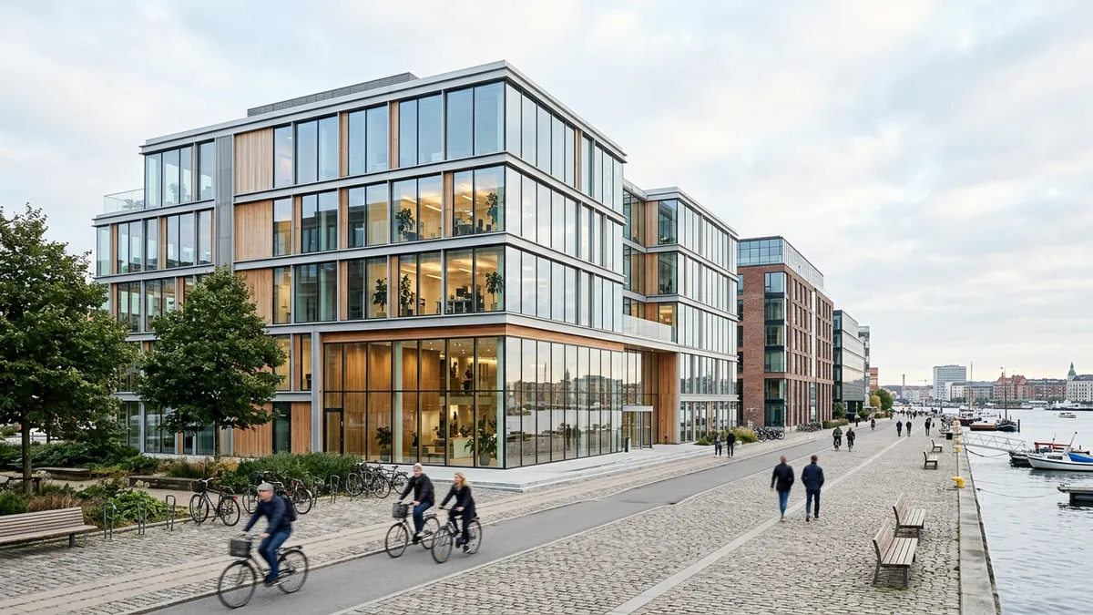 Moderne kontorbygning i København med glasfacade og skandinavisk arkitektur