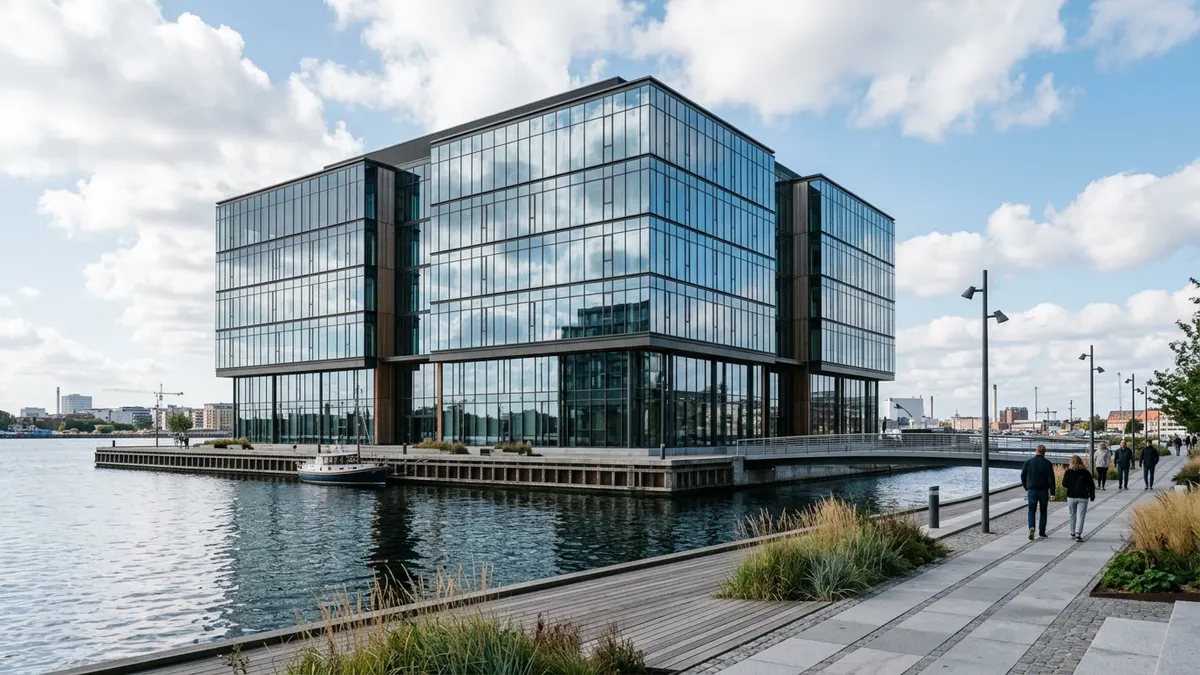 Moderne kontorbygning i Københavns Nordhavn set i eftermiddagssolen, repræsenterer dansk ejendomsmarked.