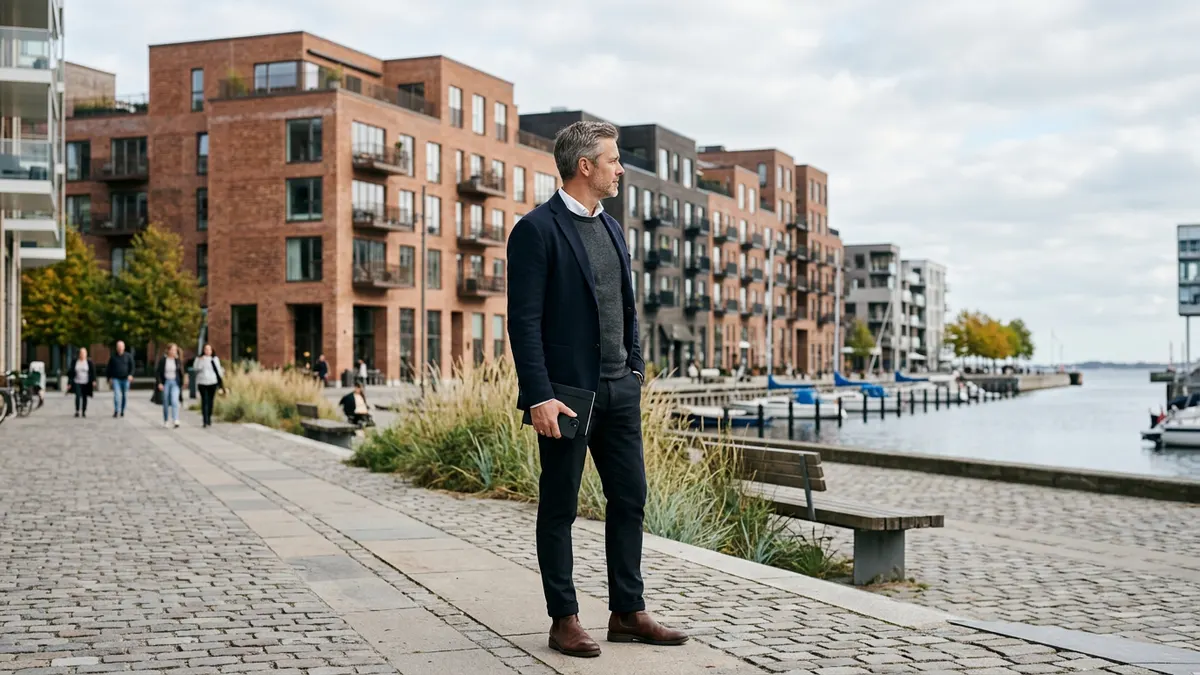 En professionel investor gennemgår ejendomsdokumenter foran en moderne boligejendom i København