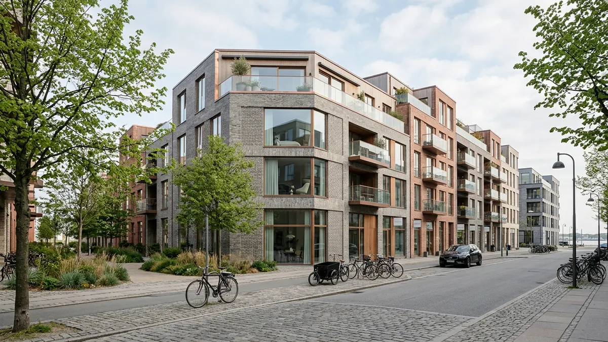En moderne erhvervsejendom i et dansk bymiljø med fokus på arkitektoniske detaljer og glasfacader.