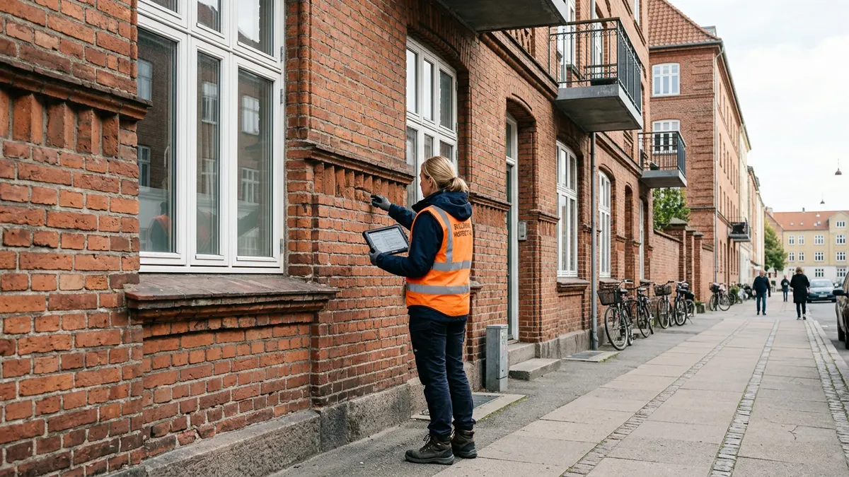 Technical surveyor inspecting a Danish commercial property for due diligence