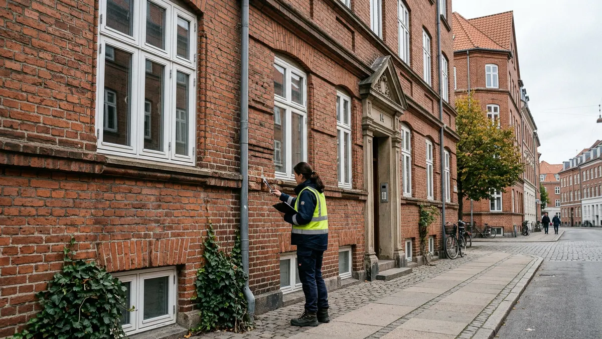 Professional building surveyor inspecting a Danish investment property for a condition report.
