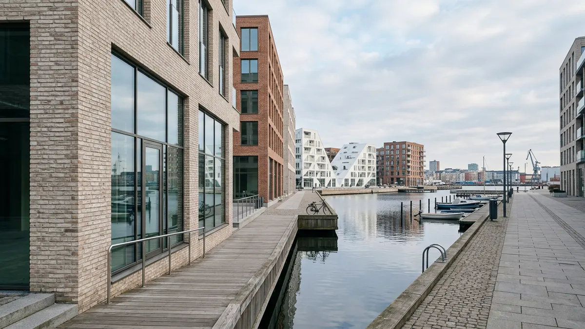 En moderne kontorbygning i København med fokus på arkitektoniske detaljer og glasfacader.