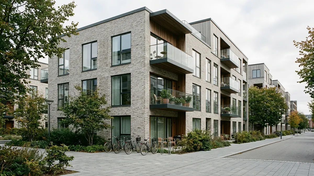Moderne boligejendom i et dansk bymiljø med arkitektoniske detaljer og grønne områder under en klar himmel.