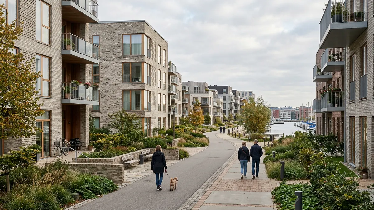 Moderne boligbyggeri i en dansk storby med fokus på grønne områder og urban arkitektur.