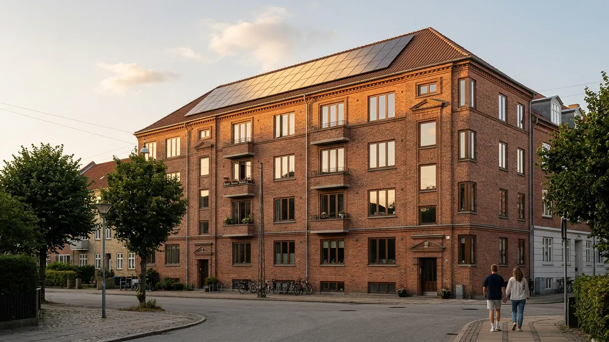 Moderne dansk udlejningsejendom med nye vinduer og solceller på taget i et boligområde i Aarhus.