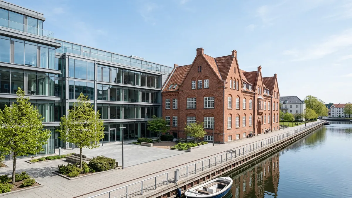 Moderne kontorbygning i København med glasfacade og klassisk dansk arkitektur i baggrunden