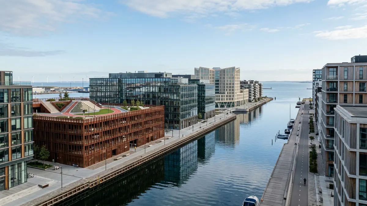 Moderne kontorbyggeri i Københavns Nordhavn med fokus på glasfacader og arkitektoniske detaljer i blødt dagslys.